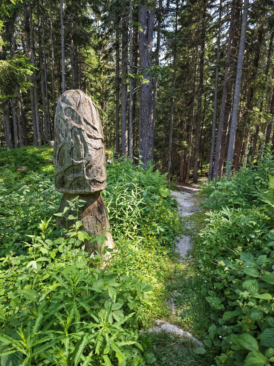 Treskulptur på skogstien ved Champex