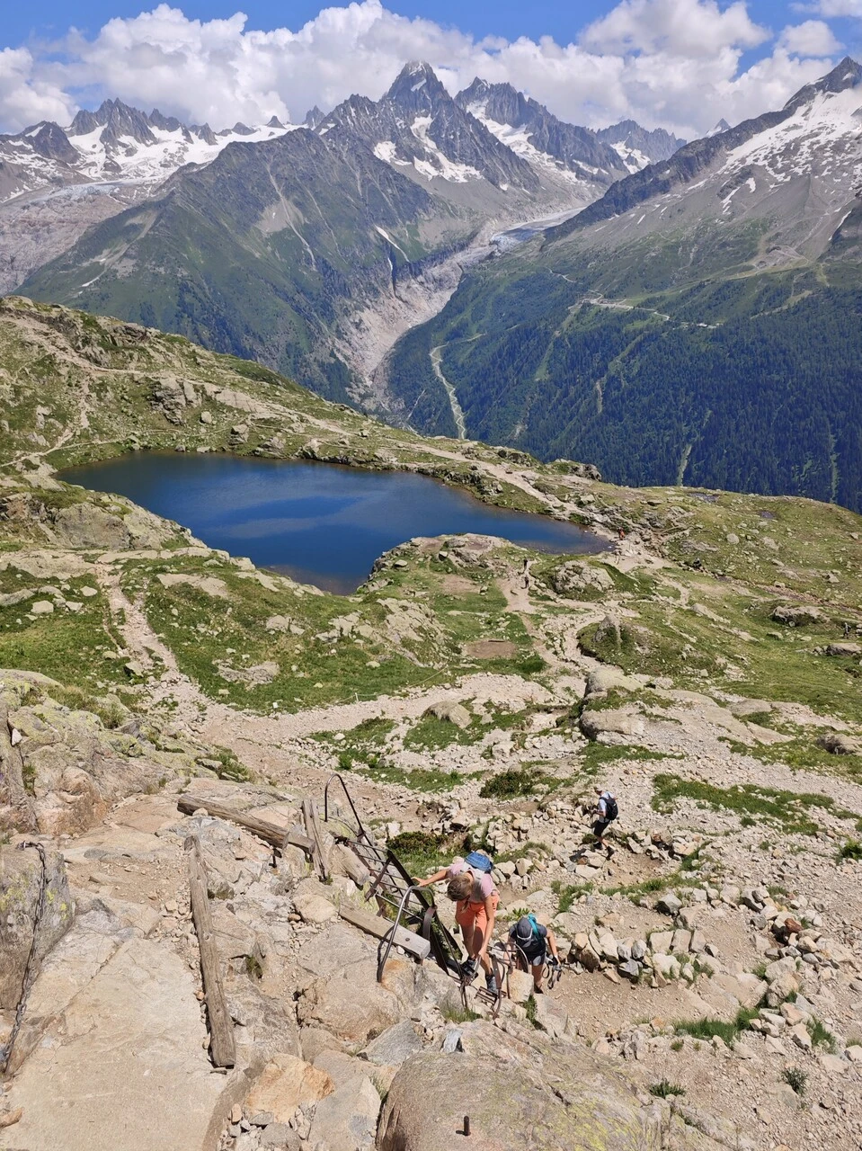Turgåere i stigene over lacs des Chéserys, glacier d'Argentière i bakgrunnen