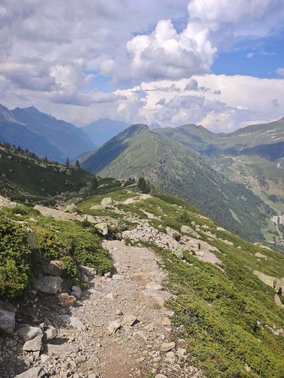 Den steinete stien som går ned fra Chéserys mot col des Montets